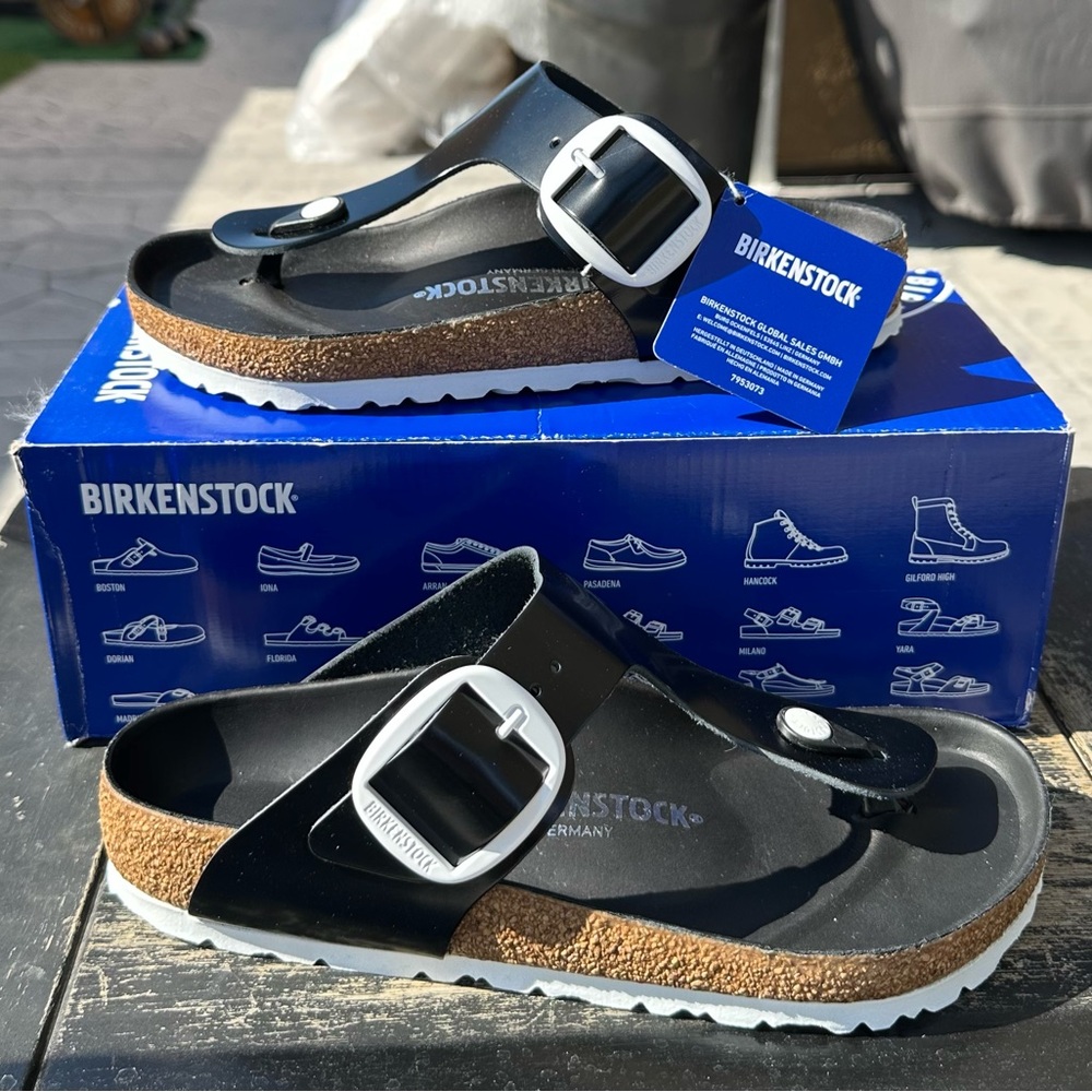 Birkenstock Black Sandals with White Accents